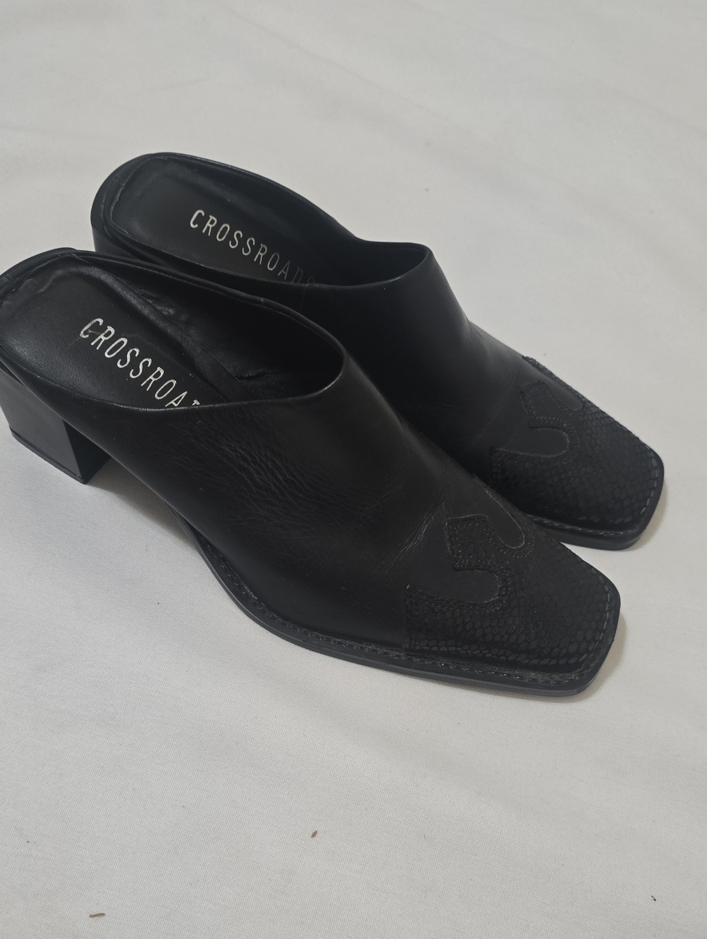 Crossroads Western Black Leather Square-Toe Block-Heel Mules 6.5